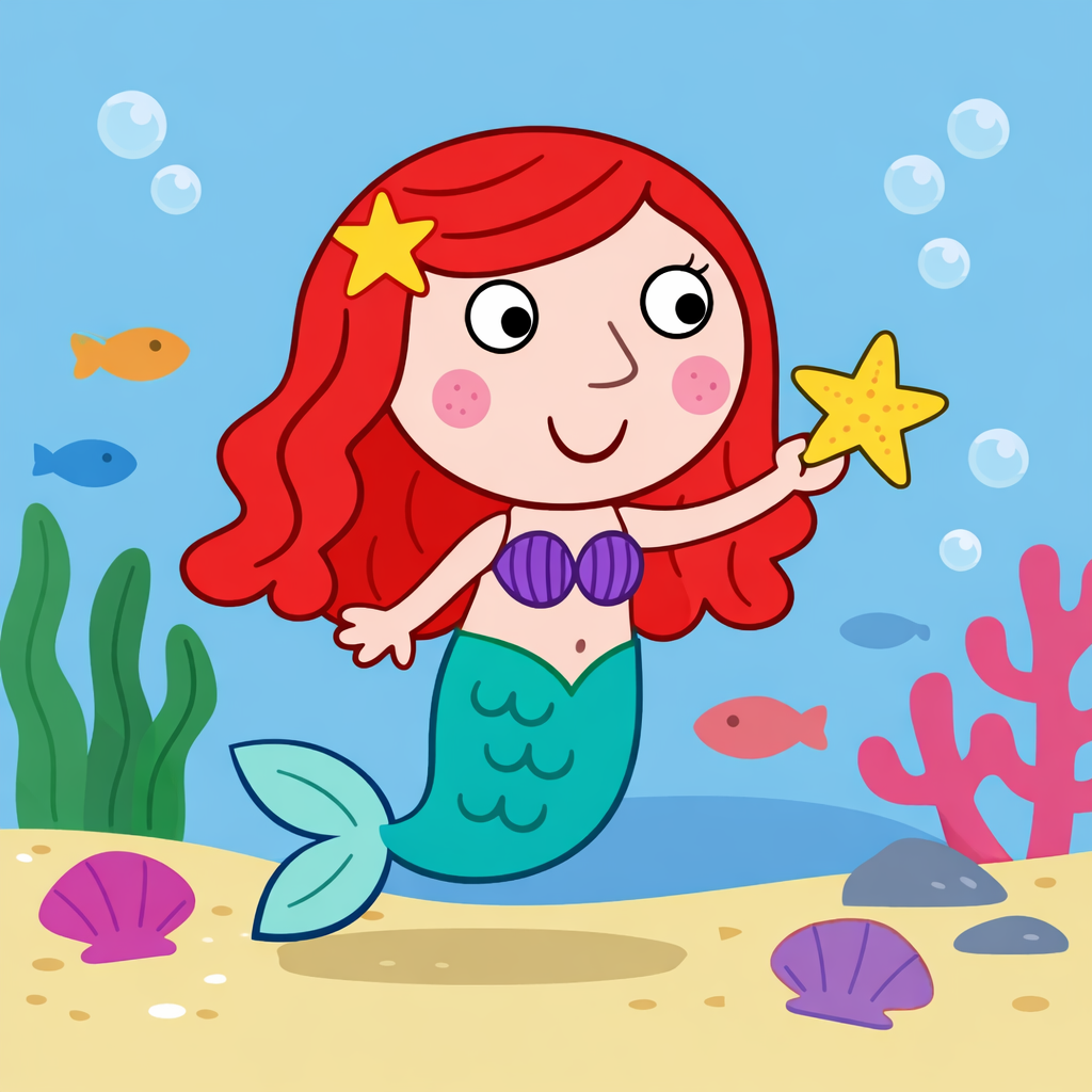 Cute cartoon mermaid with red hair